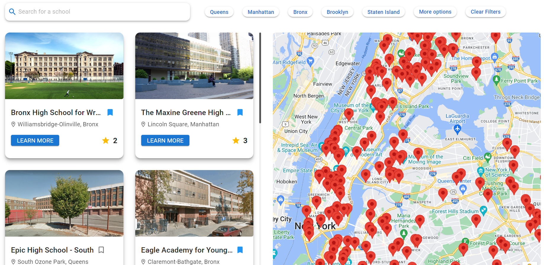 Schools images with information on the left with map displayed on the right.